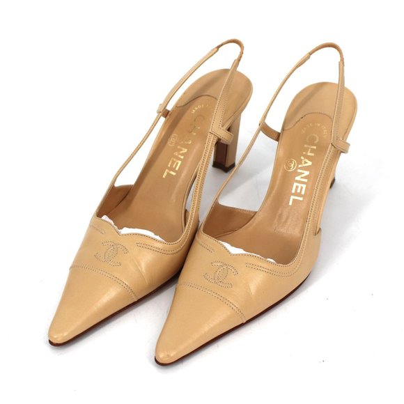 CHANEL Shoes - CHANEL Beige Slingback CC Logo Embroider Toe Classic Pump Heel Shoes size 36.5